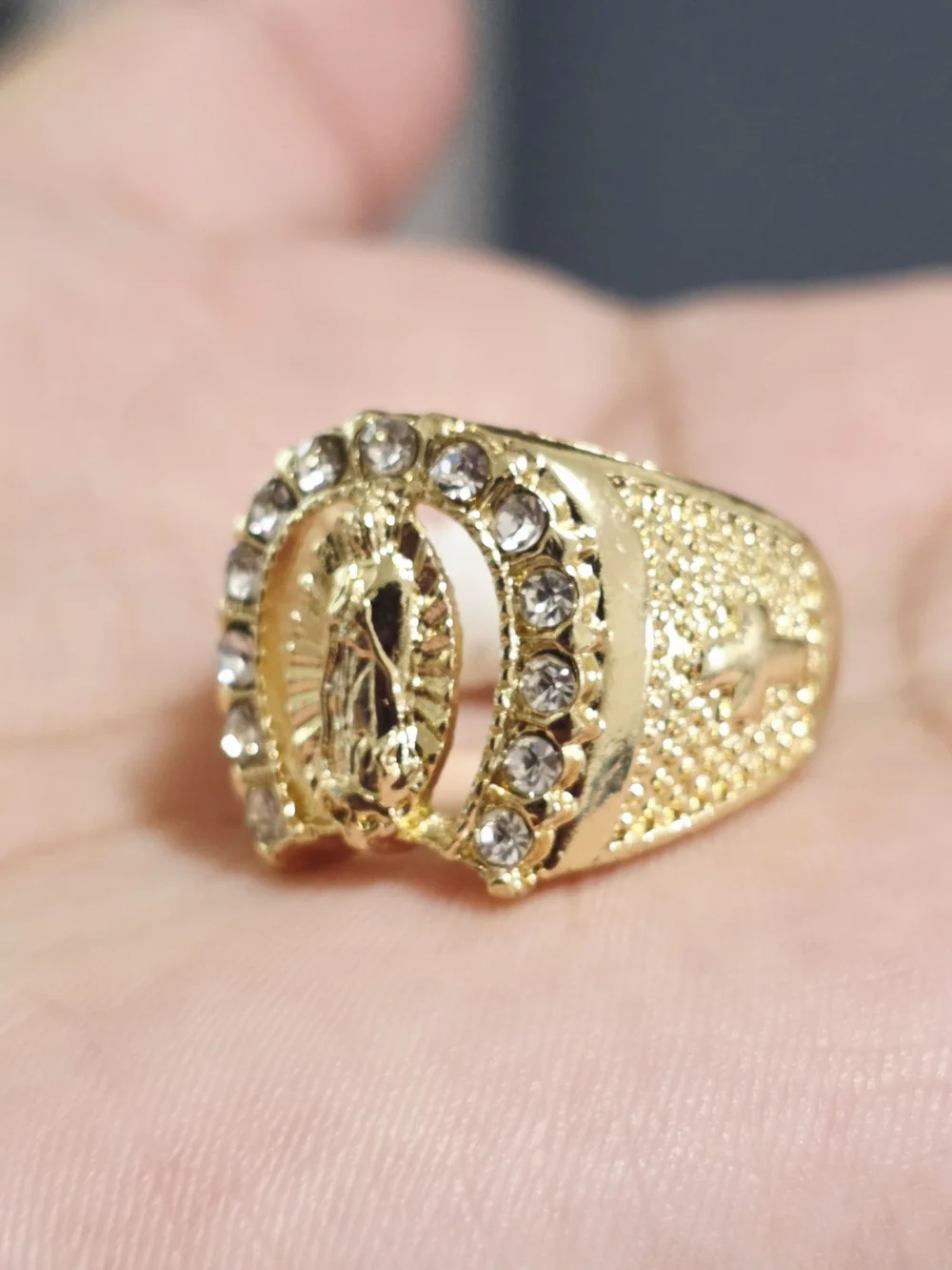 Gold-Tone Virgin Mary Ring with Clear Crystal Accents